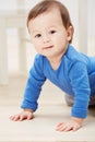 Playful, crawling and portrait of baby on floor for child development, learning and youth. Young, curious and adorable Royalty Free Stock Photo
