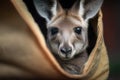 A playful and curious baby kangaroo peeking out of its mother\'s pouch. Generative AI