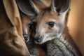 A playful and curious baby kangaroo peeking out of its mother\'s pouch. Generative AI