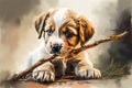 A playful and curious puppy playing with a chew toy. Generative AI