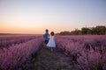 Playful cute boy girl are playing in rows of lavender purple field at sunset. Small couple. Allergy Royalty Free Stock Photo