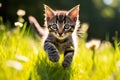 Playful Cute Kitten in Sunlit Grass