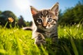 Playful Cute Kitten in Sunlit Grass