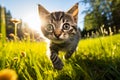 Playful Cute Kitten in Sunlit Grass