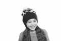 Playful cutie. Why children seems cute. Adorable baby wear cute winter knitted hat. Cute accessories. Girl wear winter Royalty Free Stock Photo