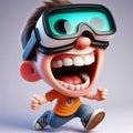 Playful 3D caricature, features exaggerated, laughs loudly in VR goggles, rendered in 3D Movies style animation, full