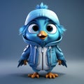 Playful 3d Cartoon Blue Bird In Urban Clothes