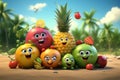 Playful 3D fruit cartoons set in the sunny backdrop of summer