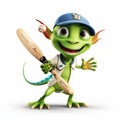Playful 3d Pixar Cricket With Cute Green Lizard Holding Bat And Ball