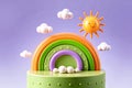 Playful 3D render of a rainbow, sun, and clouds on a green platform Royalty Free Stock Photo