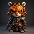 Playful 3d Sculpture: Orange Tiger With Armor And Chinese Iconography