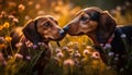 A playful dachshund and beagle sit in a wildflower meadow generative AI Royalty Free Stock Photo