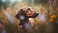 Playful dachshund smelling flowers, enjoying springtime in the meadow generated by AI