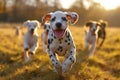 Playful Dalmatians Small dogs frolic and run in sunny backlight