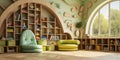 Playful decoration kindergarten playroom or preschool classroom wooden curved book shelf colorful carpet floor in sunlight from Royalty Free Stock Photo