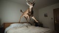 Playful Deer Jumping On Bed Sheets - Fun And Whimsical Home Decor