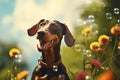 Playful doberman pinscher delightedly popping colorful soap bubbles in a fun-filled moment Royalty Free Stock Photo