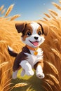 A playful dog with boundless energy frolics and unrestrained joy, amidst a vast expanse of swaying wheat stalks, cartoon, animal Royalty Free Stock Photo