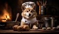 Playful dog chef wearing a chef hat cooking delicious and nutritious food in a cozy kitchen