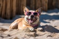 Playful Dog in Sunglasses Relaxing on Sandy Beach - Candid Lifestyle Pet Photography Royalty Free Stock Photo