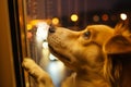 playful dogs nose touching window, lit city streets beyond