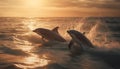 A playful dolphin jumps in the sunset, splashing blue waves generated by AI Royalty Free Stock Photo