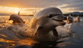 A playful dolphin jumps in the sunset, spraying happiness generated by AI Royalty Free Stock Photo