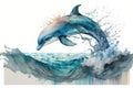 A playful dolphin leaping out of the ocean waves, painted with cool and calming blue watercolors Generative AI Royalty Free Stock Photo