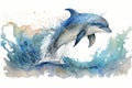 A playful dolphin leaping out of the ocean waves, painted with cool and calming blue watercolors Generative AI Royalty Free Stock Photo