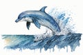 A playful dolphin leaping out of the ocean waves, painted with cool and calming blue watercolors Generative AI Royalty Free Stock Photo