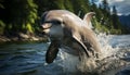 Playful dolphin splashing in the blue water generated by AI