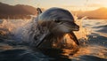 Playful dolphin splashing in the sunset, bringing joy and happiness generated by AI Royalty Free Stock Photo