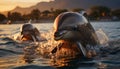 Playful dolphin splashing in the water at sunset generated by AI Royalty Free Stock Photo