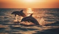 Playful dolphins jumping in the blue sea at sunset generated by AI Royalty Free Stock Photo