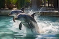 Playful Dolphins Jumping And Splashing In Crystalclear Pool. Generative AI Royalty Free Stock Photo