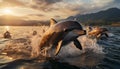 Playful dolphins jumping in the sunset golden light generated by AI Royalty Free Stock Photo