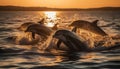 Playful dolphins jumping in the sunset sea generated by AI Royalty Free Stock Photo