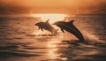 Playful dolphins jumping in the sunset sea generated by AI Royalty Free Stock Photo