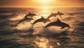 Playful dolphins jumping in the sunset sea, a joyful scene generated by AI