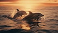 Playful dolphins jumping in the sunset, splashing in blue water generated by AI Royalty Free Stock Photo