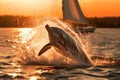 Playful Dolphins and Sailboat at Golden Hour