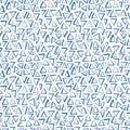 Playful Doodle Blue and White Geometric Vector Seamless Pattern with Hand-Drawn Brush Triangles