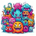 Playful doodle monsters unite in a colorful icon, Generative AI