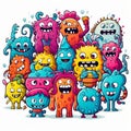 Playful doodle monsters unite in a colorful icon, Generative AI