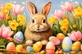 Playful Easter bunny amidst a blooming garden, surrounded by Easter eggs, daffodils and tulips Royalty Free Stock Photo