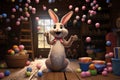 Playful Easter bunny juggling decorated eggs