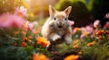 Playful easter bunny running and jumping in garden with vibrant flowers