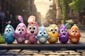 Playful Easter egg characters engaged in a