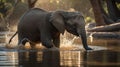 A young African elephant enjoys playing and splashing in a river at sunset. Royalty Free Stock Photo