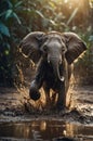 Adorable Baby Elephant Running Through Mud Puddle in Jungle Royalty Free Stock Photo